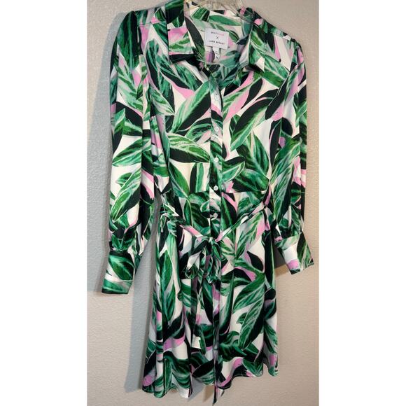 Lane Bryant Sz 18 BeautiCurve Silky Dress Green Pink Leaf Print Belted tailored - Picture 3 of 10